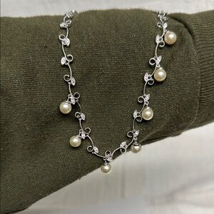 Elegant Lia Sophia Silver Pearl Necklace with Crystal Accents 18”-20”